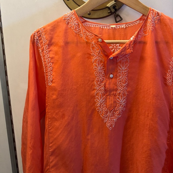 Vintage Silk Blouse – Bright Orange with Floral & Heart Embroidery | Long Sleeve - Picture 7 of 7